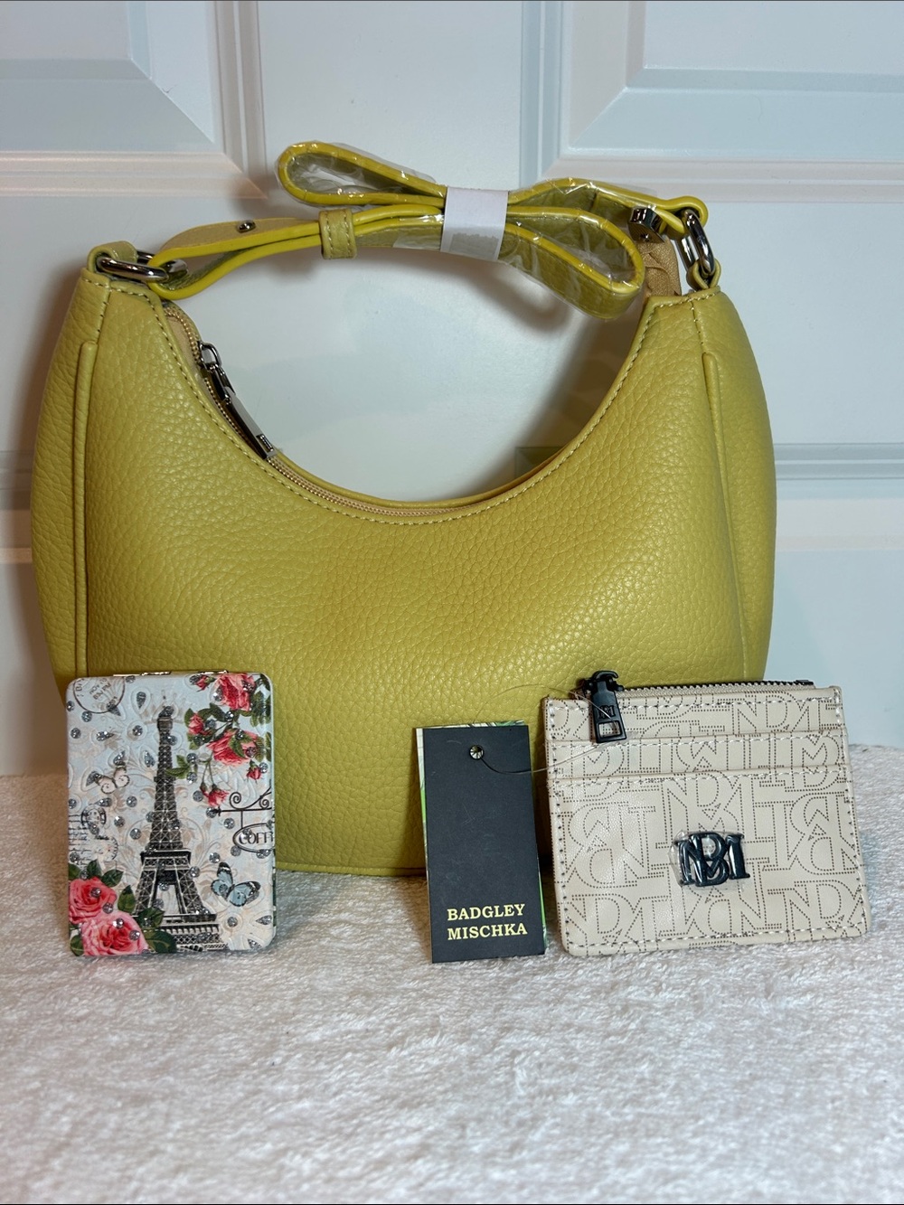 Mustard Yellow Hobo Bag, Badgley Mischka Card Holder, Vintage Compact Mirror